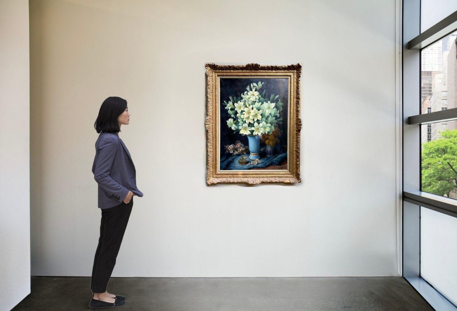 Grand Dipinto Natura Morta Vaso con Fiori di Giglio Firmato - École flamande Painting par George Jessen