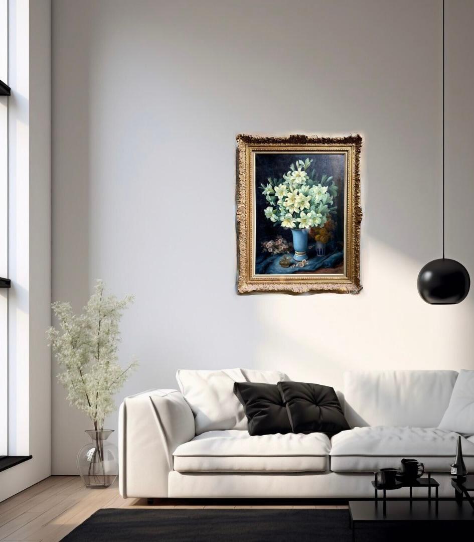 Georges Jessen (La Louvière, 1892 - Uccle, 1963), Natura morta con vaso di gigli, grande olio su tela firmato.  
Ce diptyque lumineux représente un mélange de légumes frais dans une vasque d'opaline bleue, à côté duquel, dans une vasque plus petite,