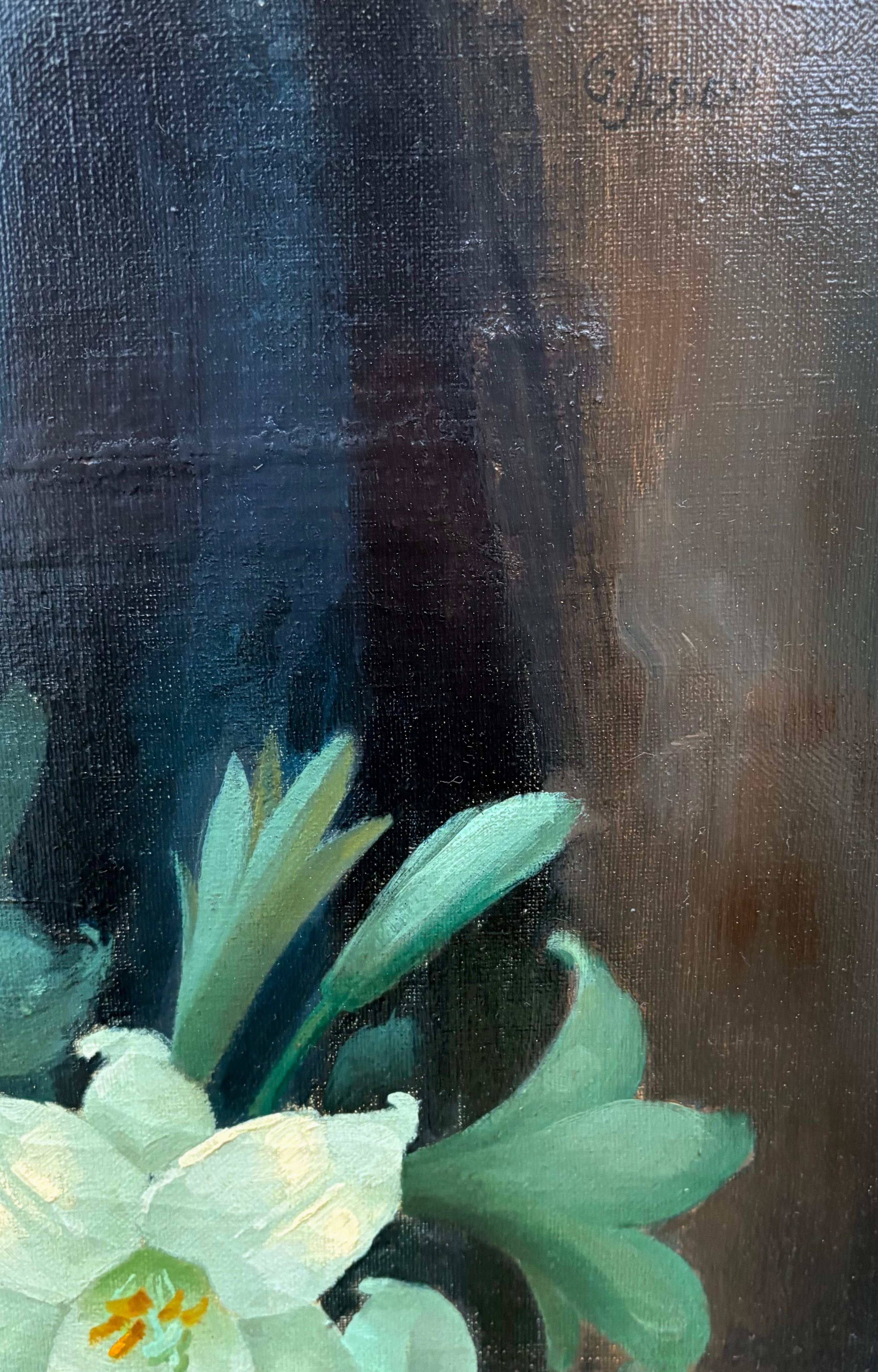 Grand Dipinto Natura Morta Vaso con Fiori di Giglio Firmato en vente 4