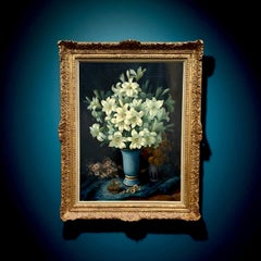 Antique Grande Dipinto Natura Morta Vaso con Fiori di Giglio Firmato