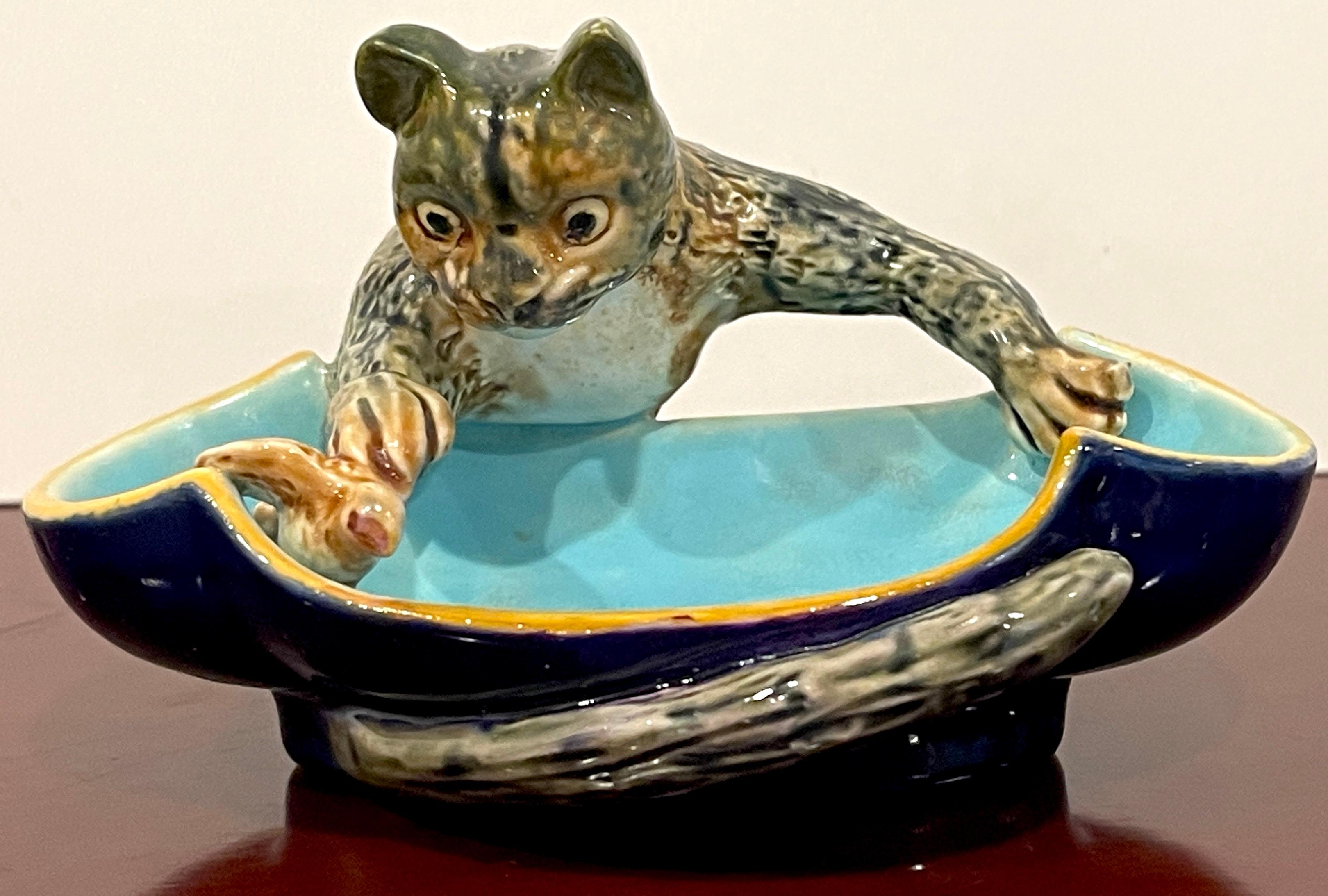 George Jones Aesthetic Majolica Cat & Bird Figural Dish, England, 1876
Registry Date marked for January 22, 1876

A truly exceptional piece of antique majolica pottery: the George Jones Aesthetic Majolica Cat & Bird Figural Dish, crafted in England