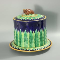 George Jones Cobalt Blue Majolica Cow Cheese Keeper