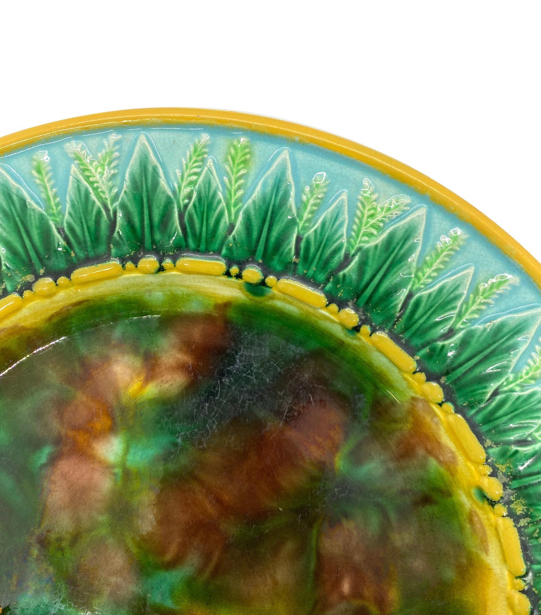 Molded George Jones Majolica Plate with Mottled Center, Green Leaves on Turquoise