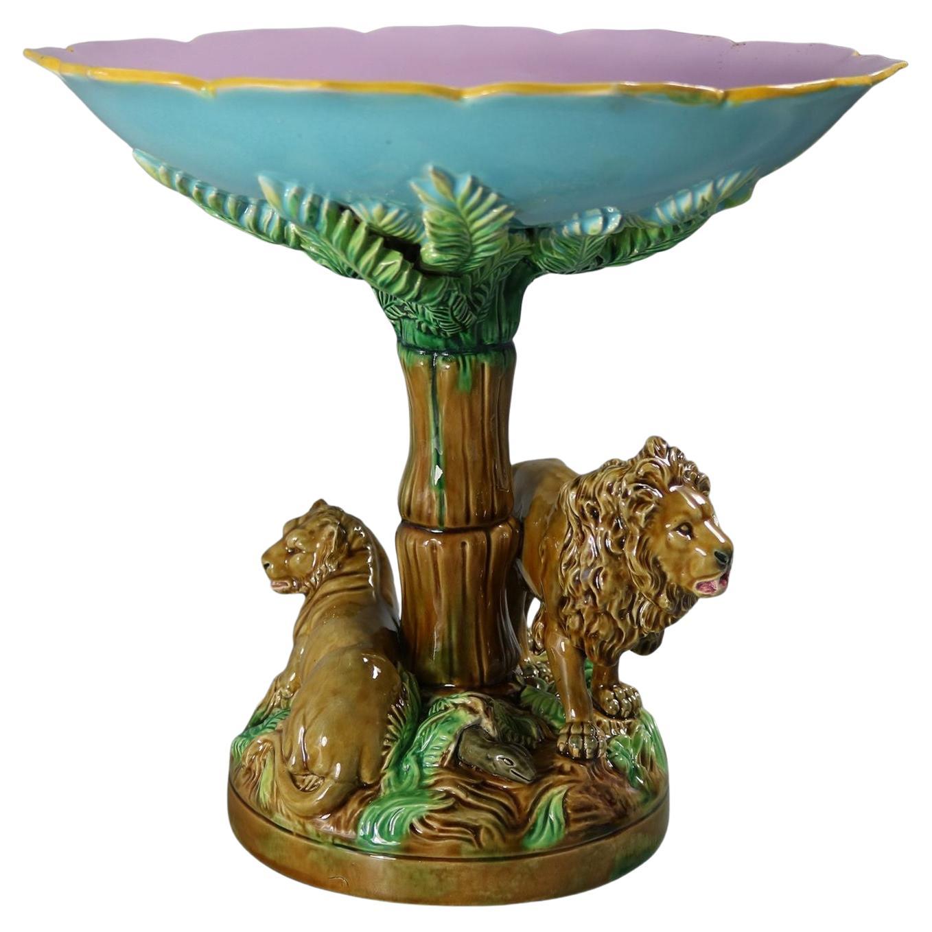 George Jones Majolica Africa Lions Compote