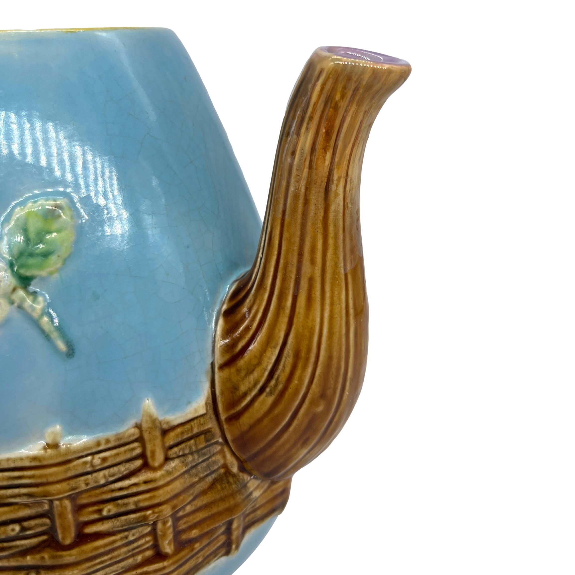 George Jones Majolica 'Apple Blossom' Teapot Basketweave on Turquoise, ca. 1873 For Sale 3