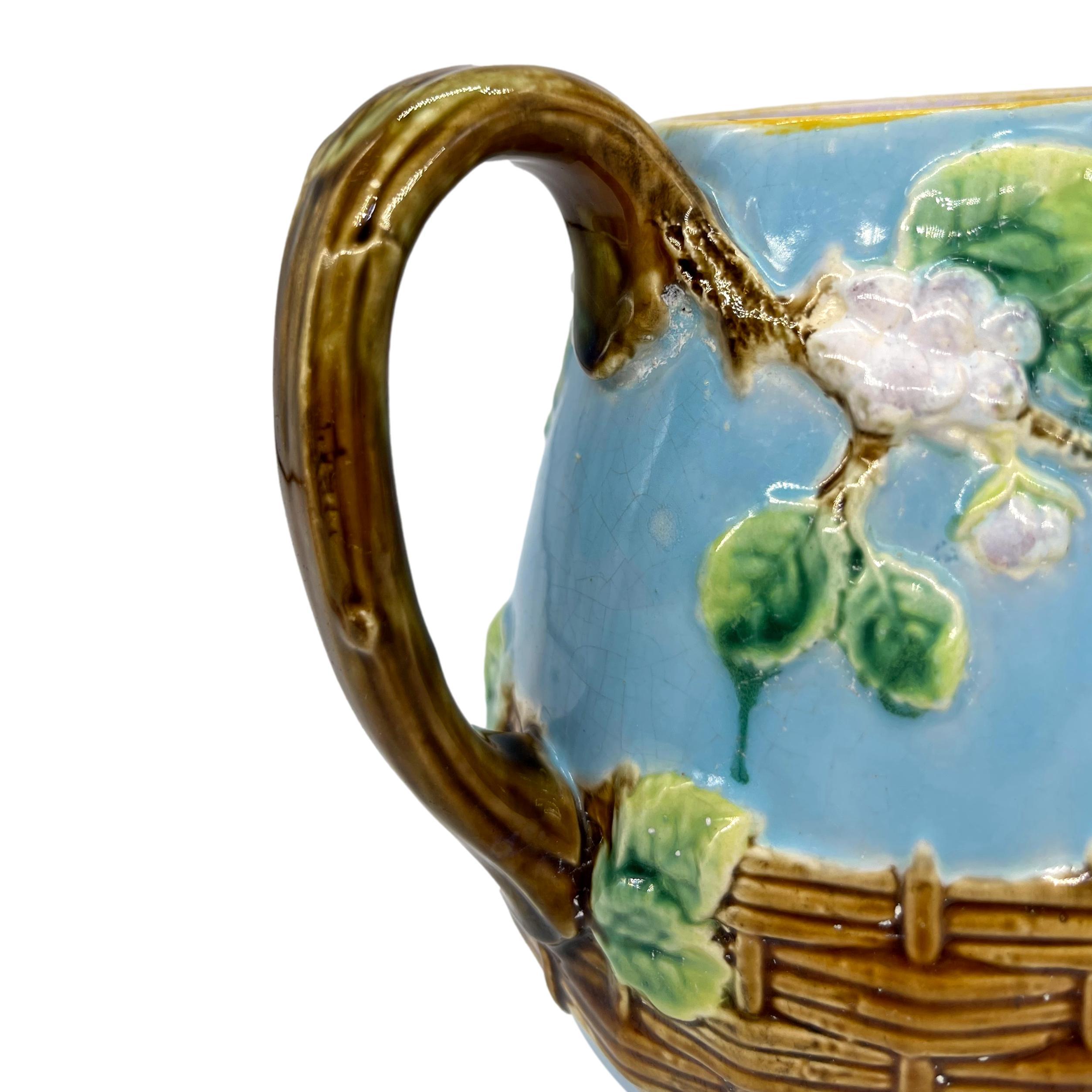 George Jones Majolica 'Apple Blossom' Teapot Basketweave on Turquoise, ca. 1873 For Sale 4