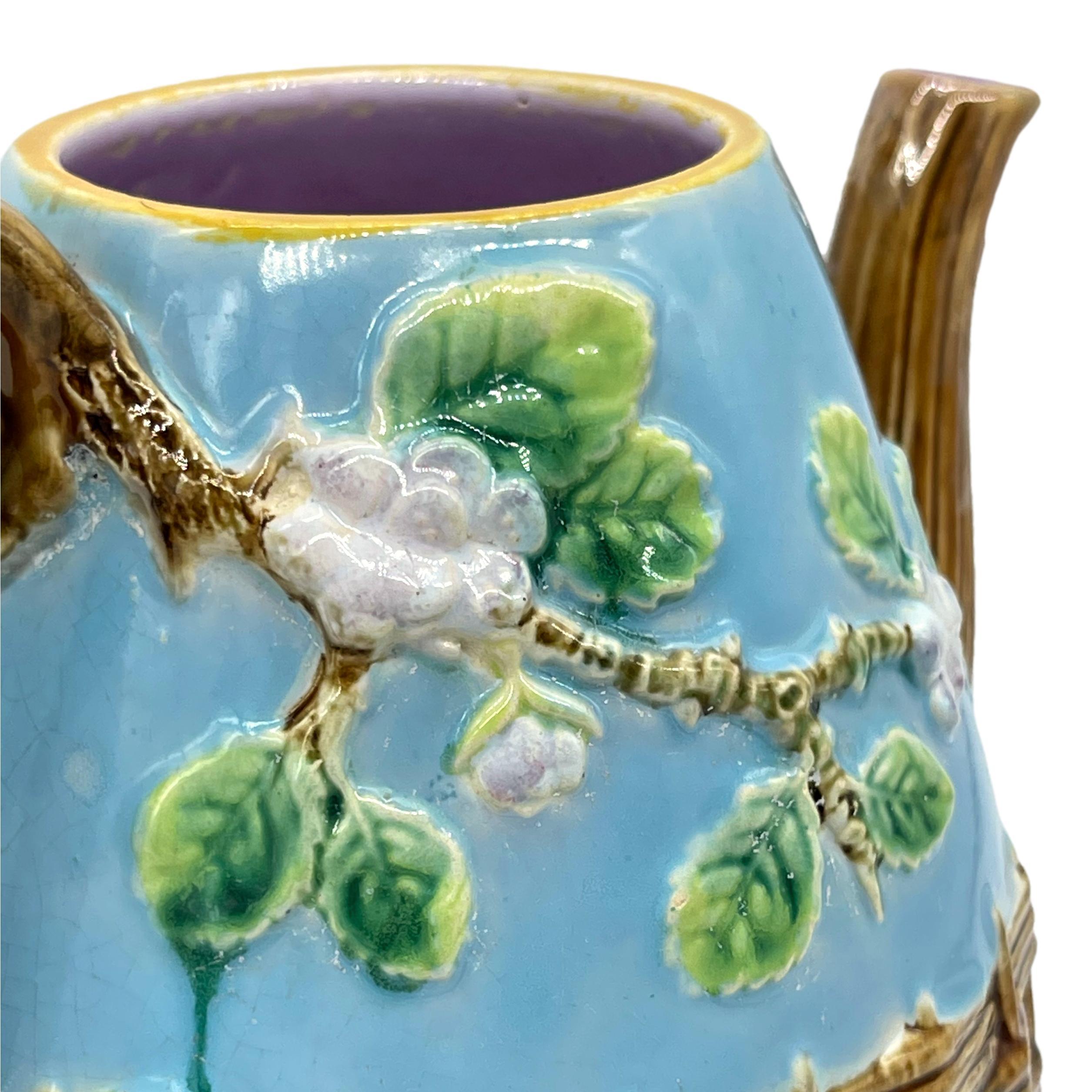 George Jones Majolica 'Apple Blossom' Teapot Basketweave on Turquoise, ca. 1873 For Sale 5