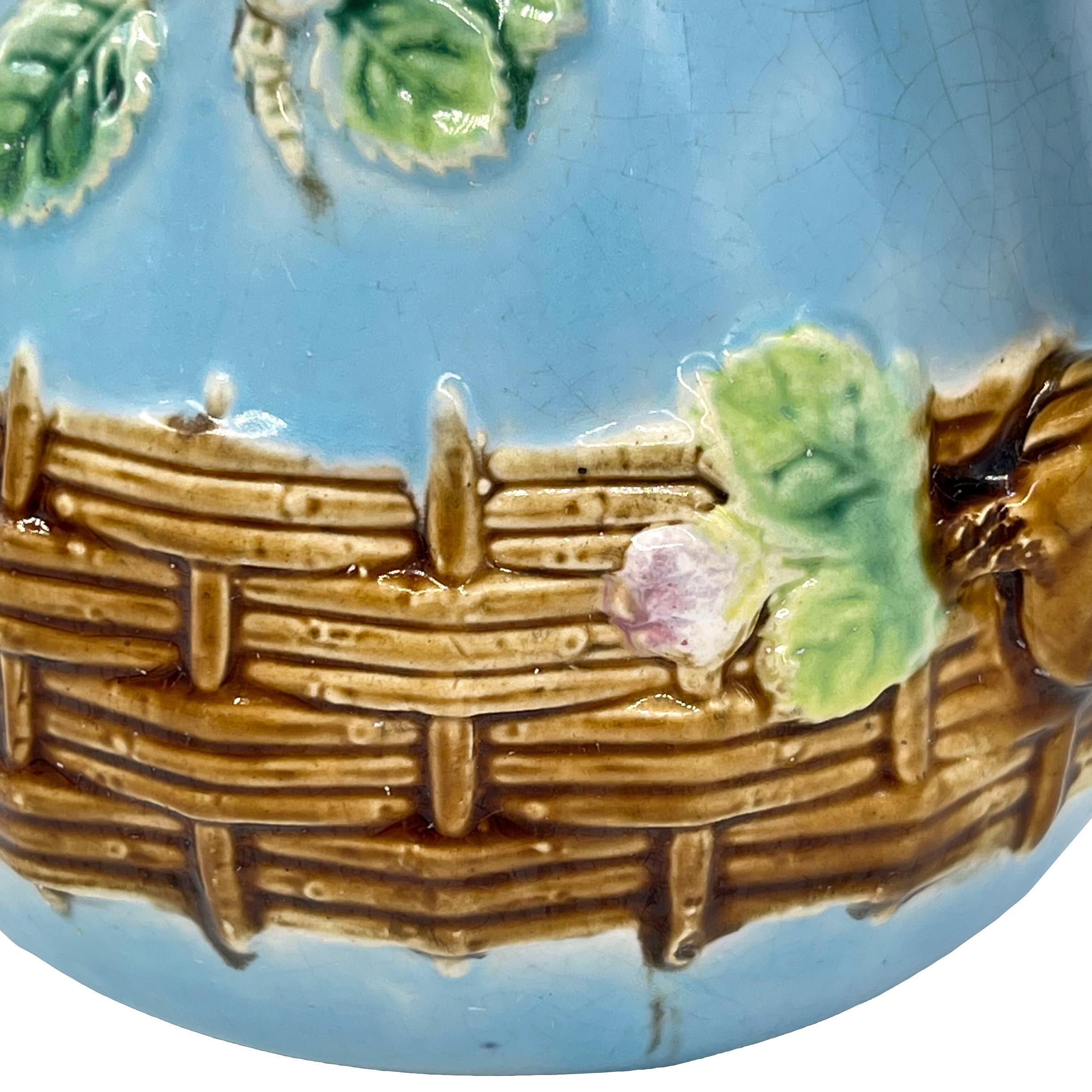 George Jones Majolica 'Apple Blossom' Teapot Basketweave on Turquoise, ca. 1873 For Sale 6