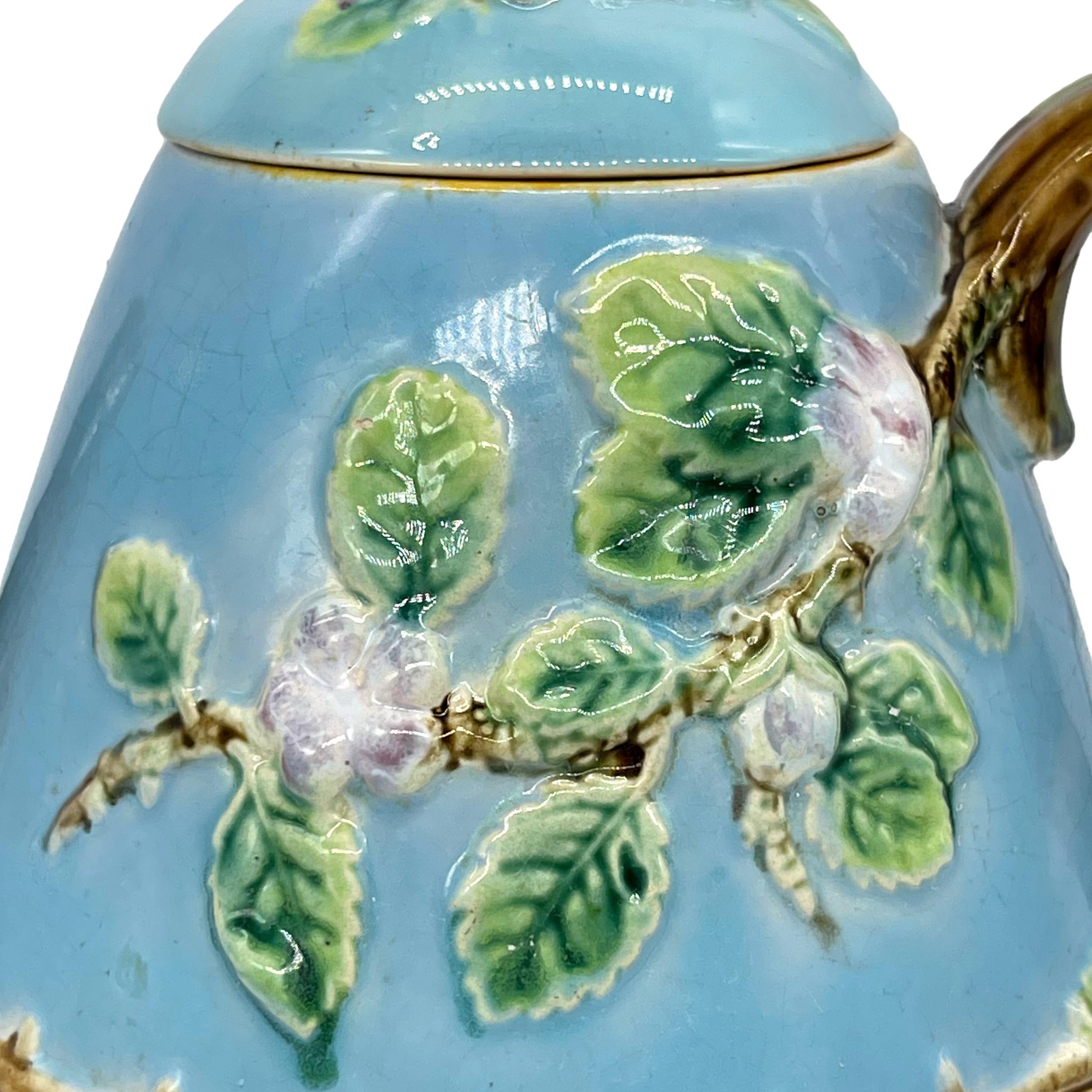 George Jones Majolica 'Apple Blossom' Teapot Basketweave on Turquoise, ca. 1873 For Sale 8