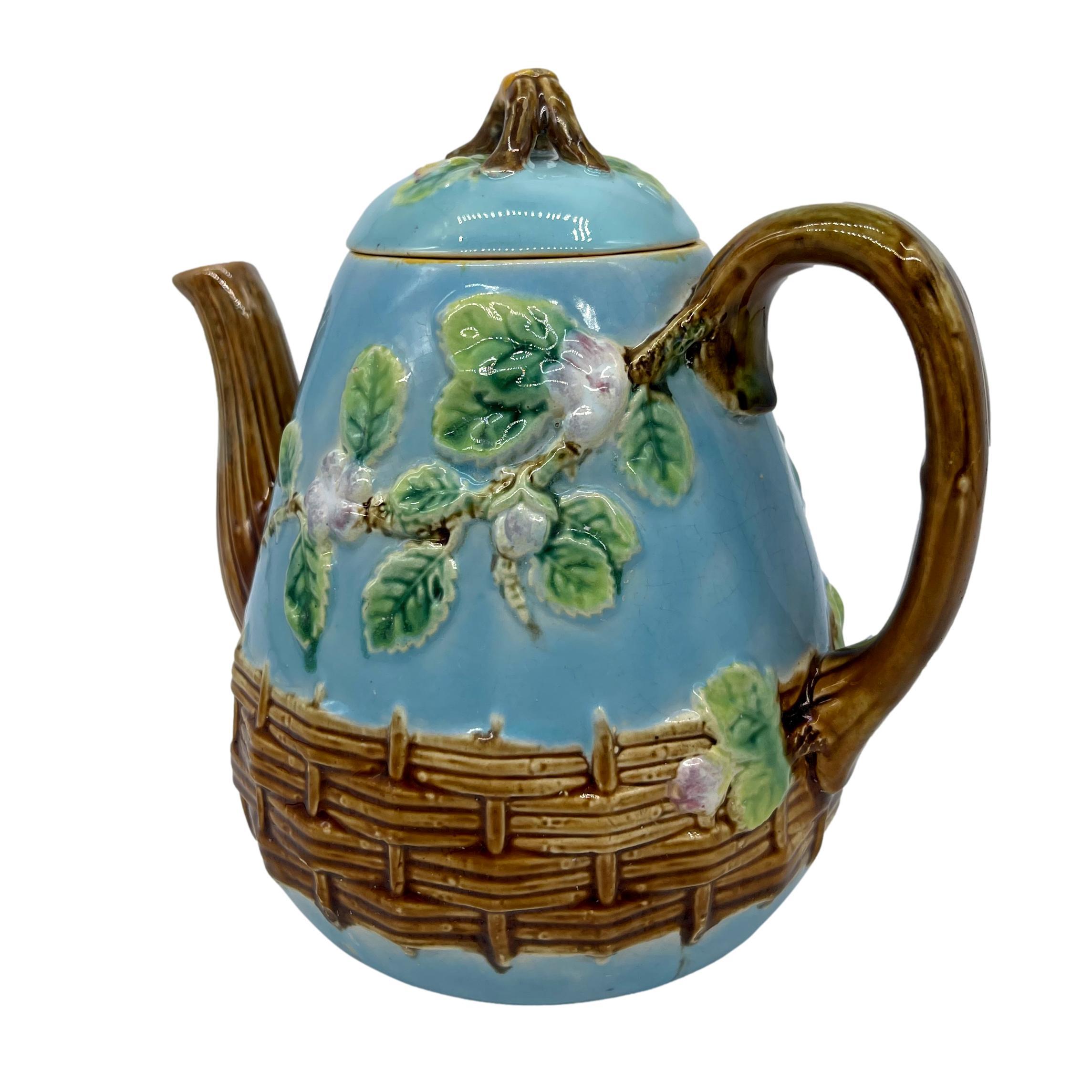 Victorian George Jones Majolica 'Apple Blossom' Teapot Basketweave on Turquoise, ca. 1873 For Sale