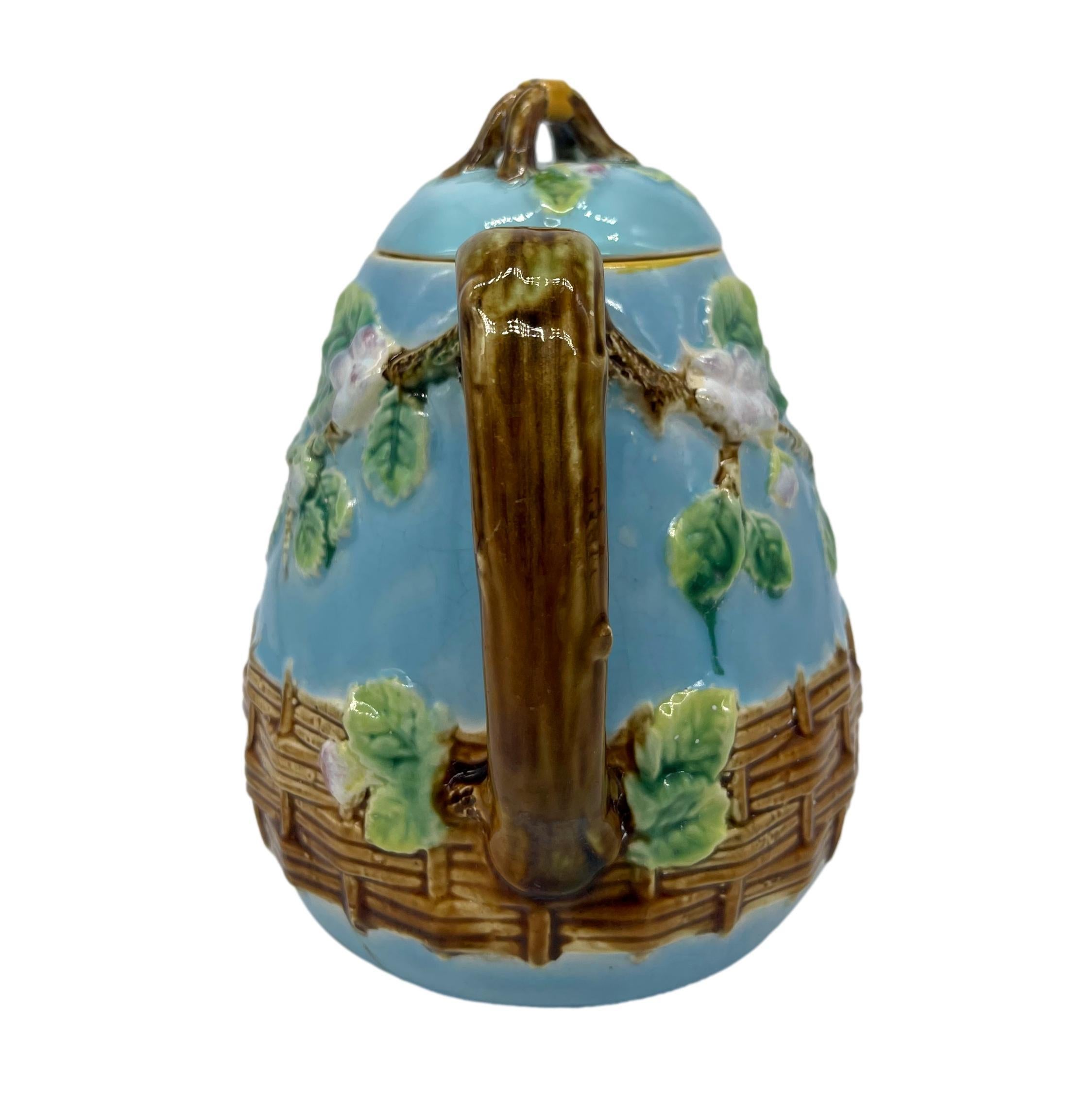 English George Jones Majolica 'Apple Blossom' Teapot Basketweave on Turquoise, ca. 1873 For Sale