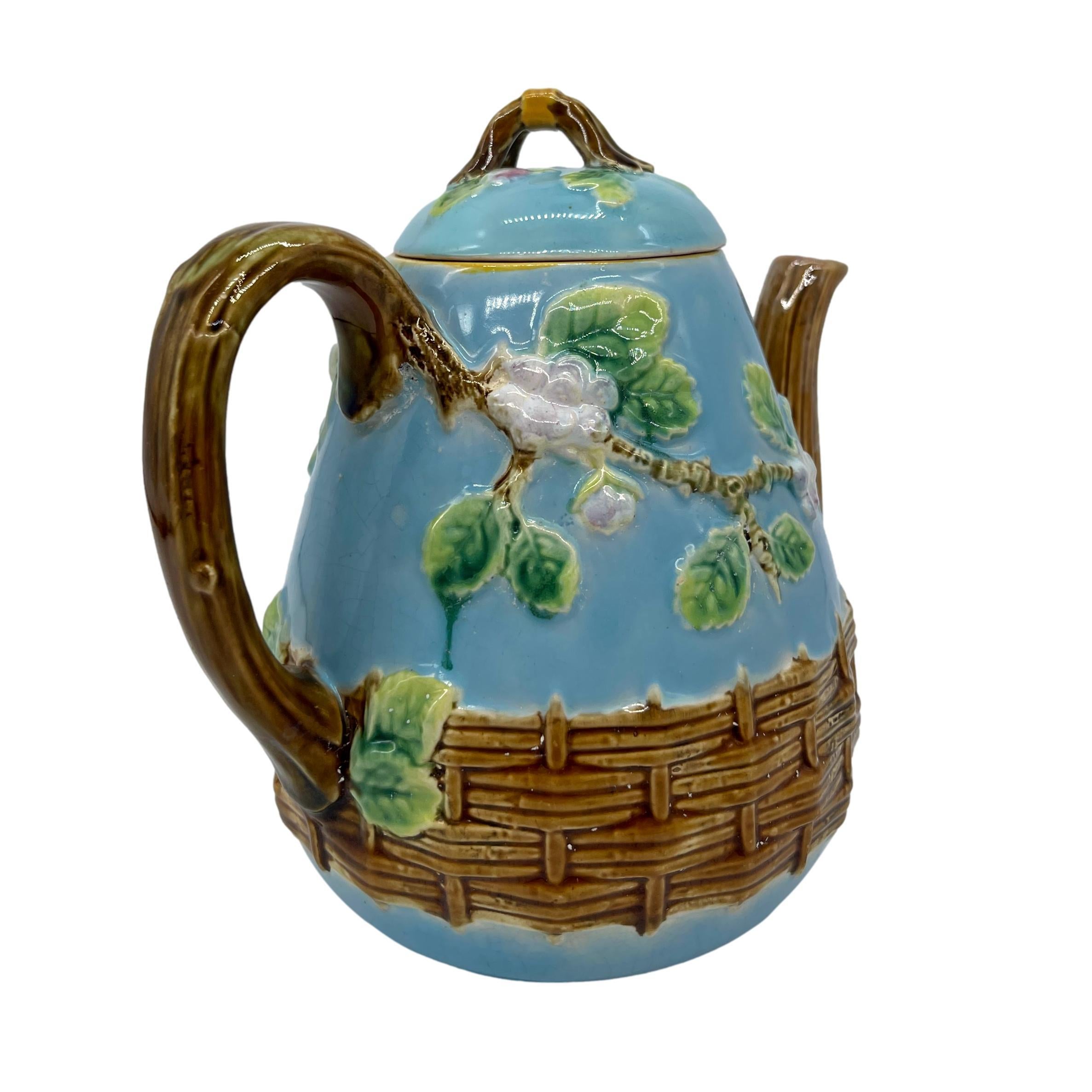 Molded George Jones Majolica 'Apple Blossom' Teapot Basketweave on Turquoise, ca. 1873 For Sale