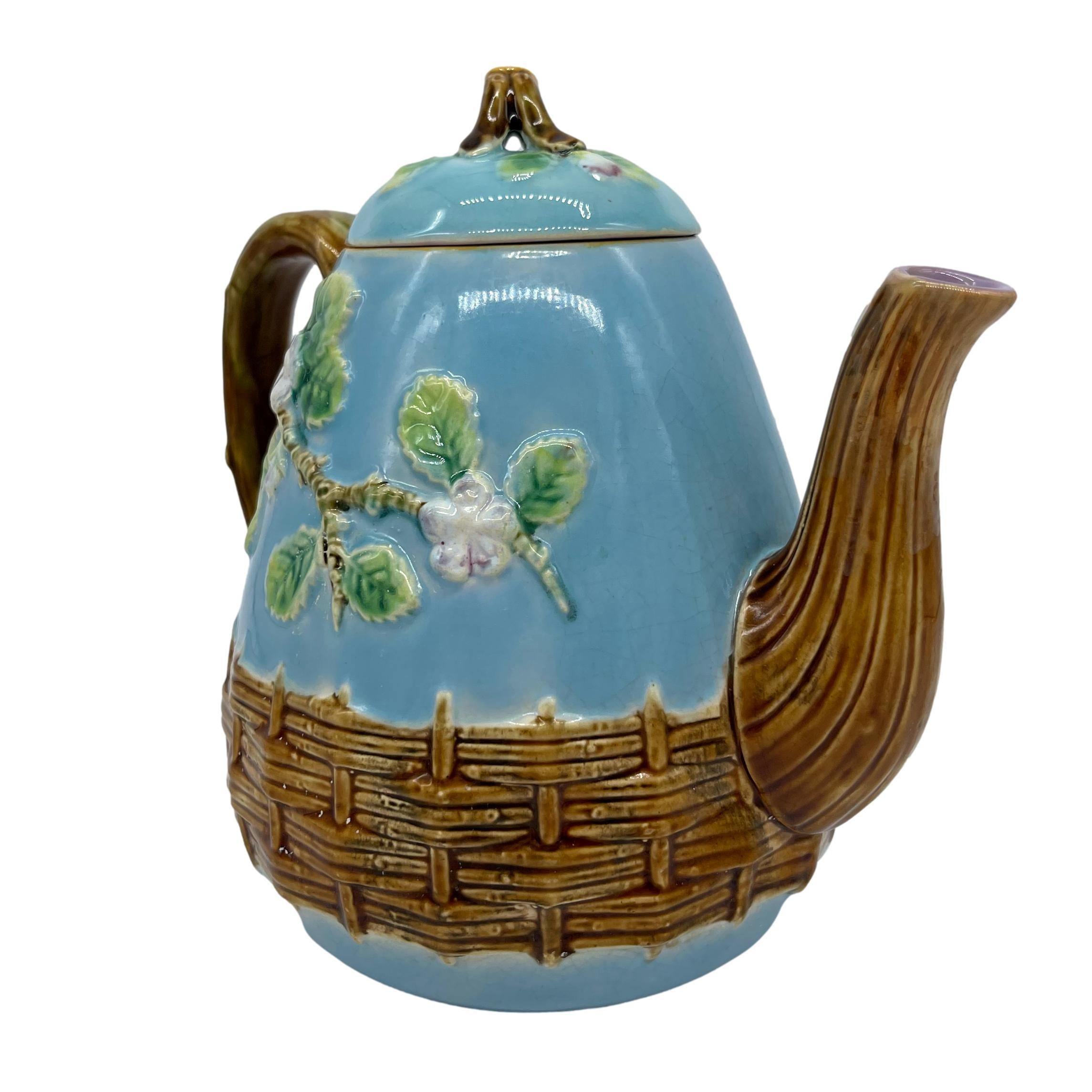 19th Century George Jones Majolica 'Apple Blossom' Teapot Basketweave on Turquoise, ca. 1873 For Sale