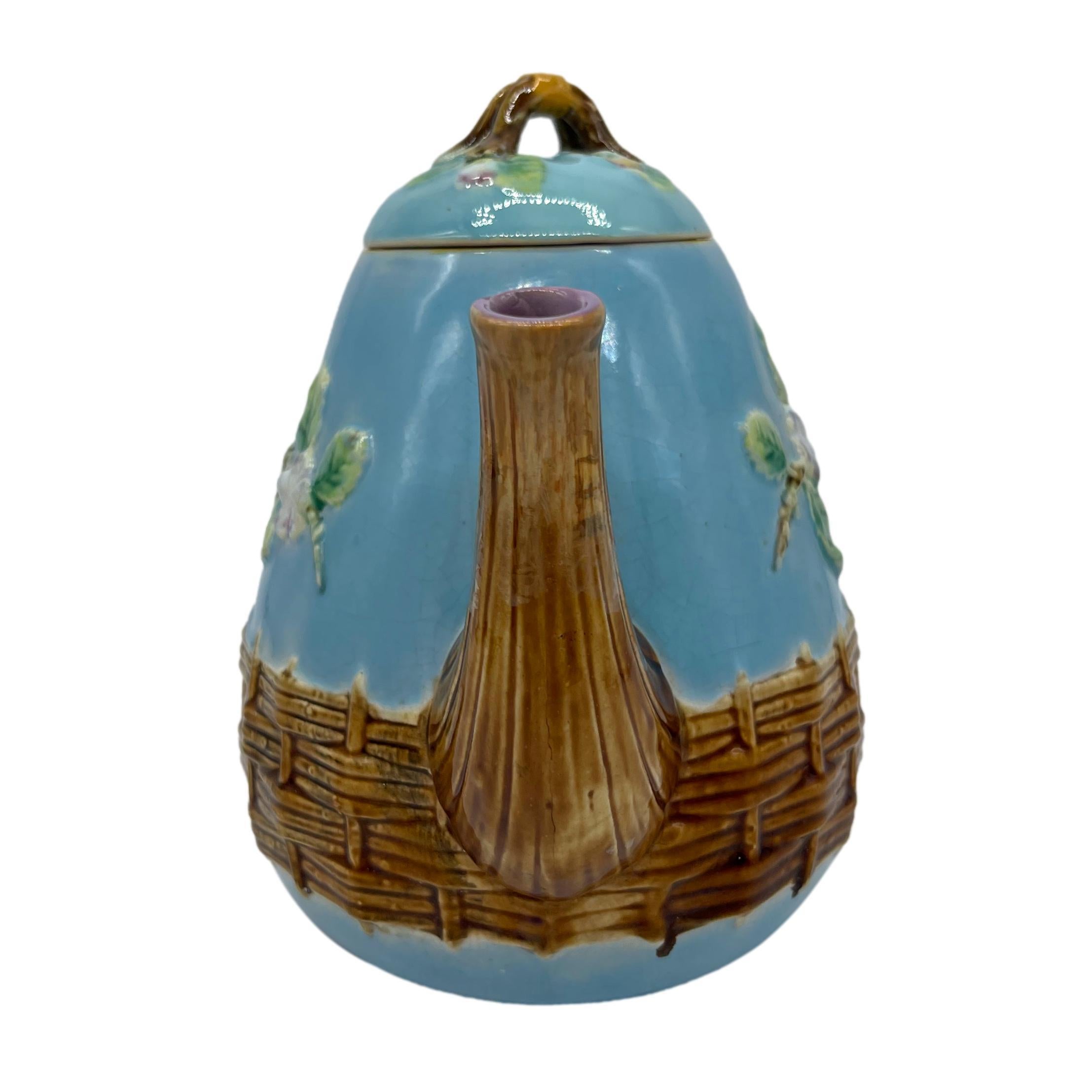 George Jones Majolica 'Apple Blossom' Teapot Basketweave on Turquoise, ca. 1873 For Sale 1