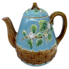 George Jones Majolica 'Apple Blossom' Teapot Basketweave on Turquoise, ca. 1873