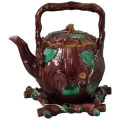 George Jones Majolica Bark and Ivy Tea Kettle and Stand