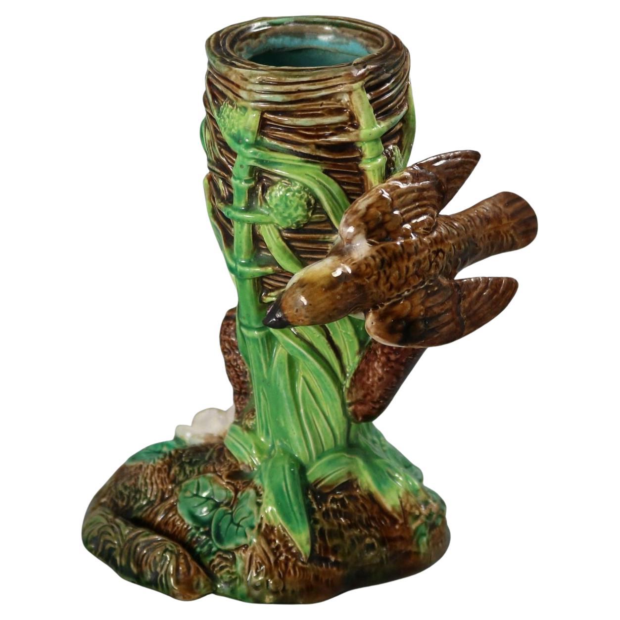 George Jones Majolica Bird on Nest Card Holder Vase