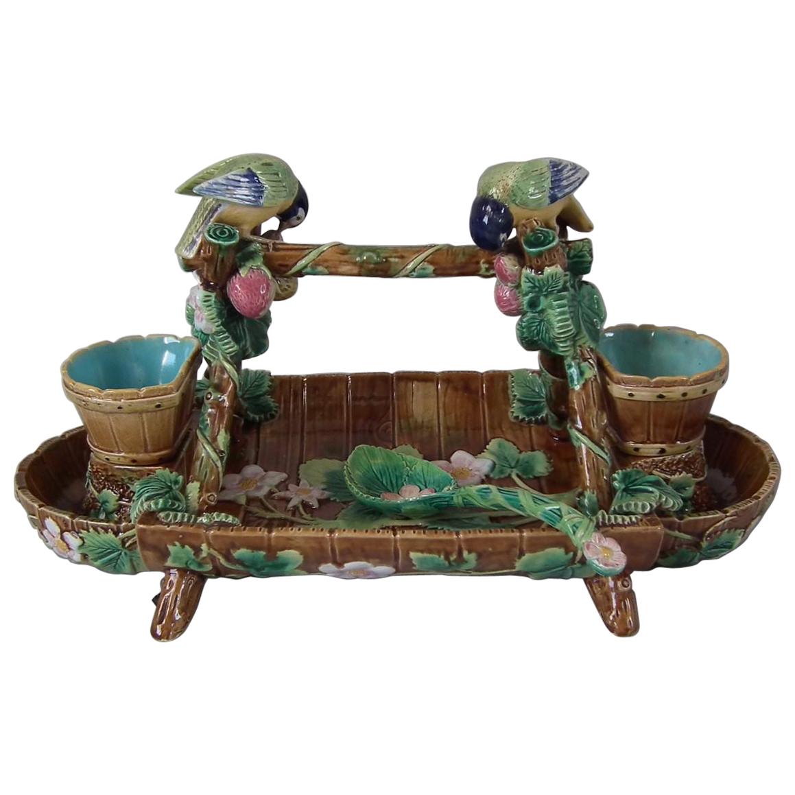 George Jones Majolica Blue Tit Strawberry Server and Spoon