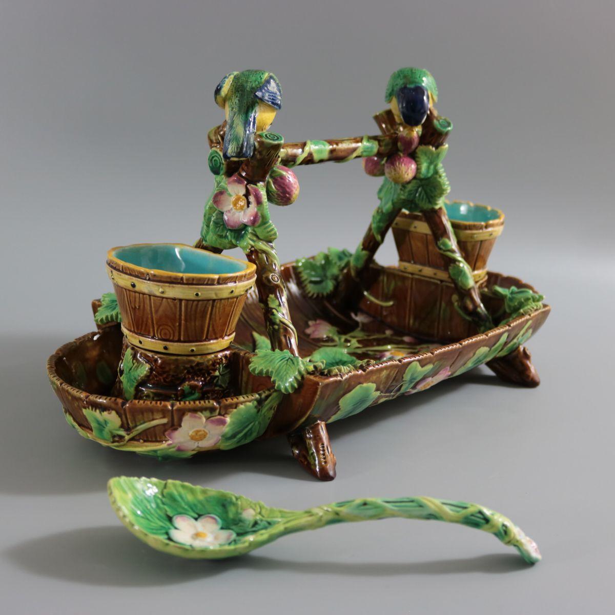 George Jones Majolica Blue Tit Strawberry Server 1