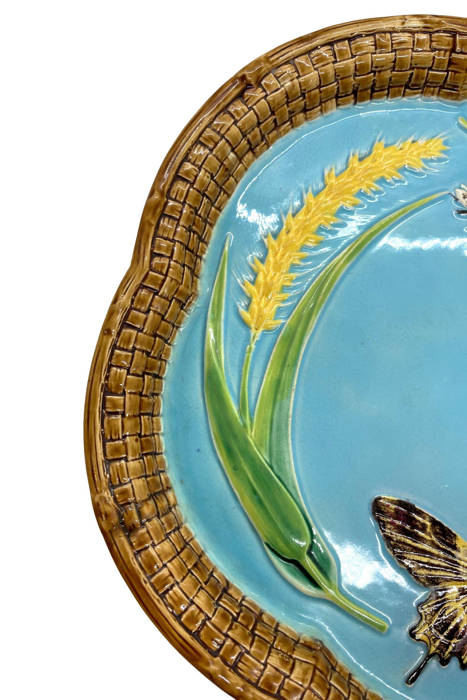 Victorian George Jones Majolica Bread Platter, with Butterfly, Bee, and Wheat, Dated 1877