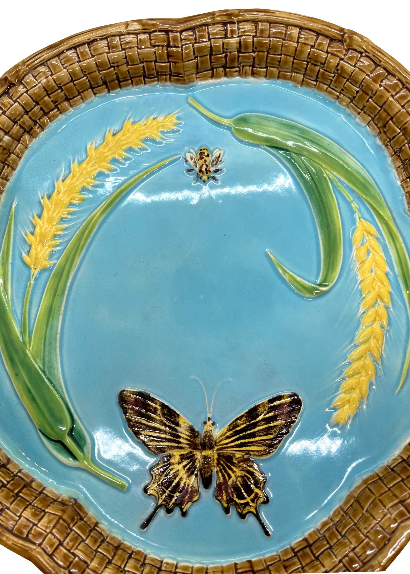 English George Jones Majolica Bread Platter, with Butterfly, Bee, and Wheat, Dated 1877