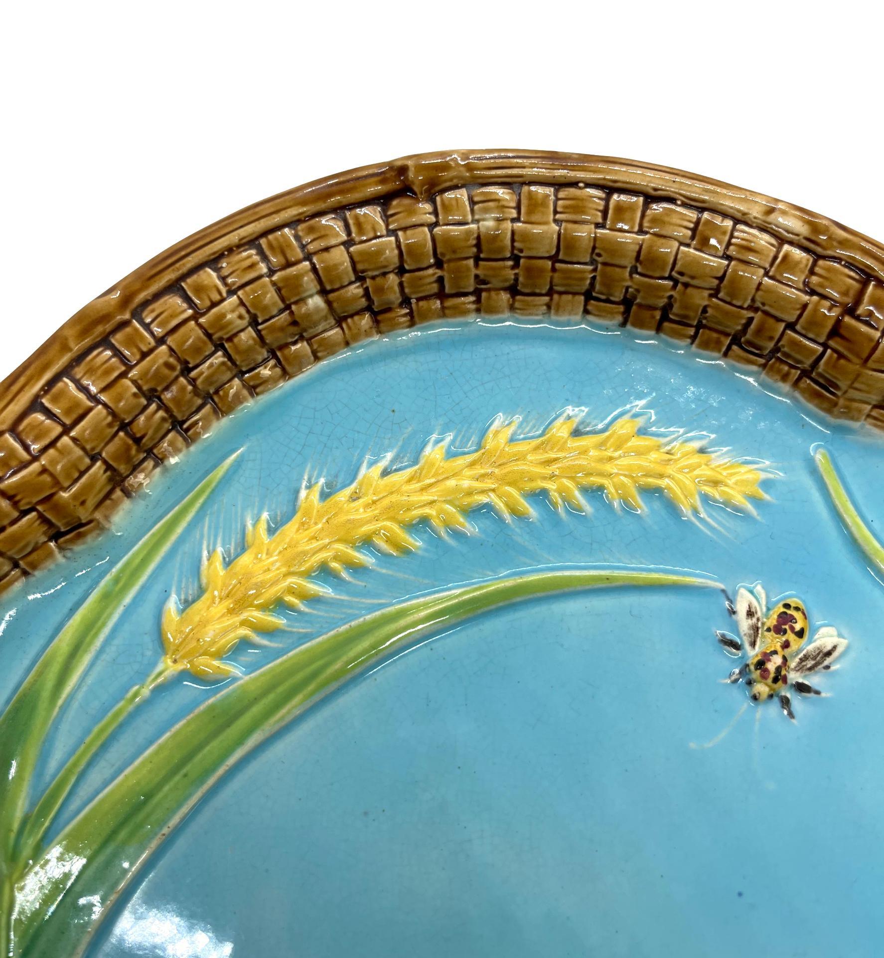 Molded George Jones Majolica Bread Platter, with Butterfly, Bee, and Wheat, Dated 1877