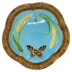 George Jones Majolica Bread Platter, with Butterfly, Bee, and Wheat, Dated 1877