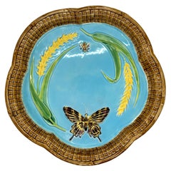 Antique George Jones Majolica Bread Platter, with Butterfly, Bee, and Wheat, Dated 1877