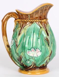 George Jones Majolica Bullrush and Lily Molded Pottery Jug, c.1875