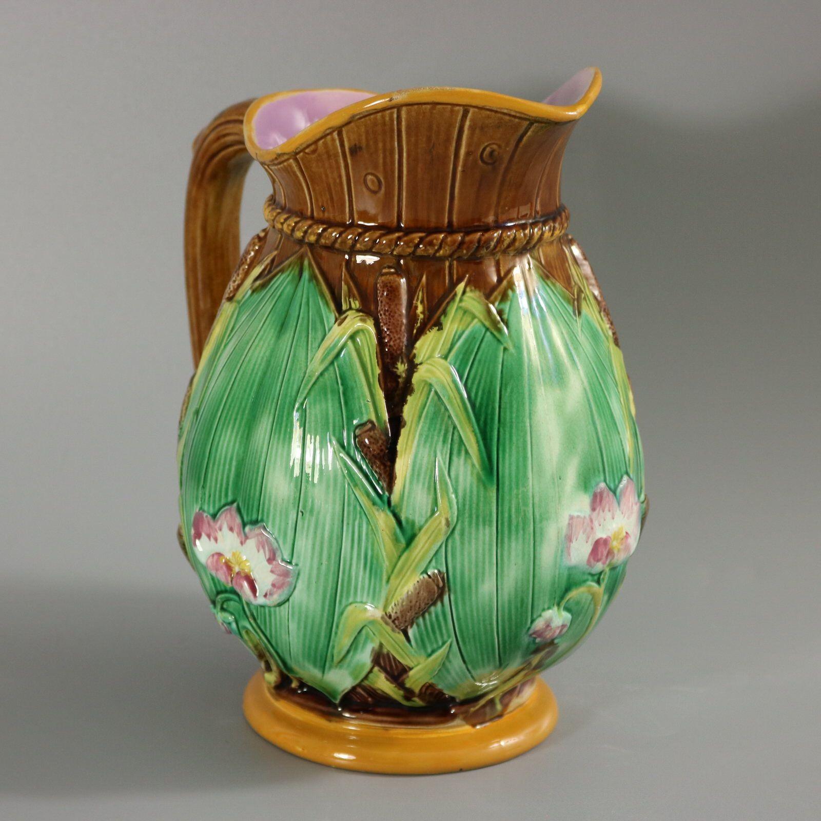 Victorian George Jones Majolica Bulrush and Lily Jug/Pitcher For Sale