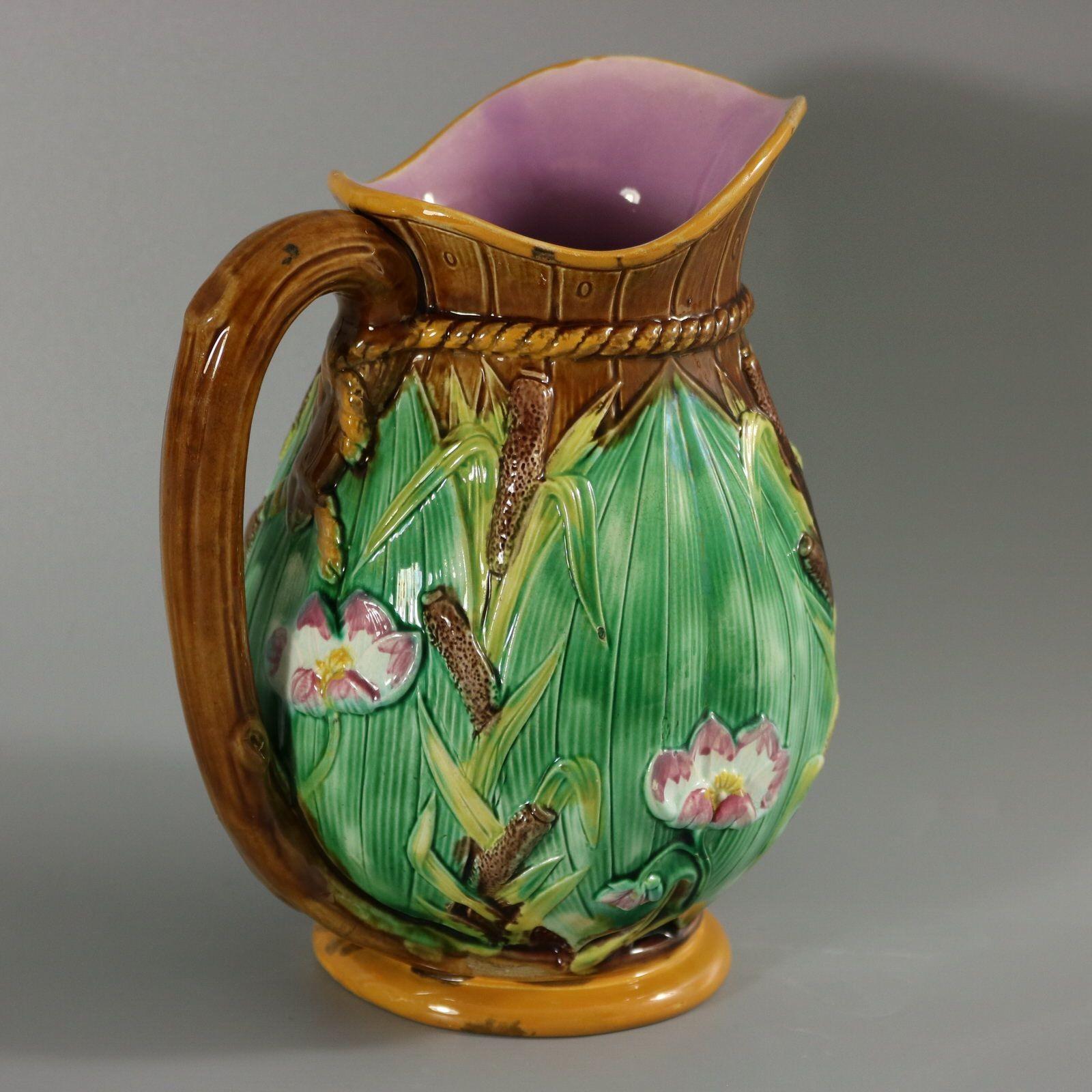 Late 19th Century George Jones Majolica Bulrush and Lily Jug/Pitcher For Sale