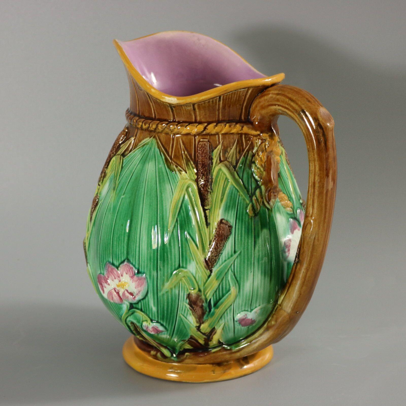 George Jones Majolica Bulrush and Lily Jug/Pitcher For Sale 2