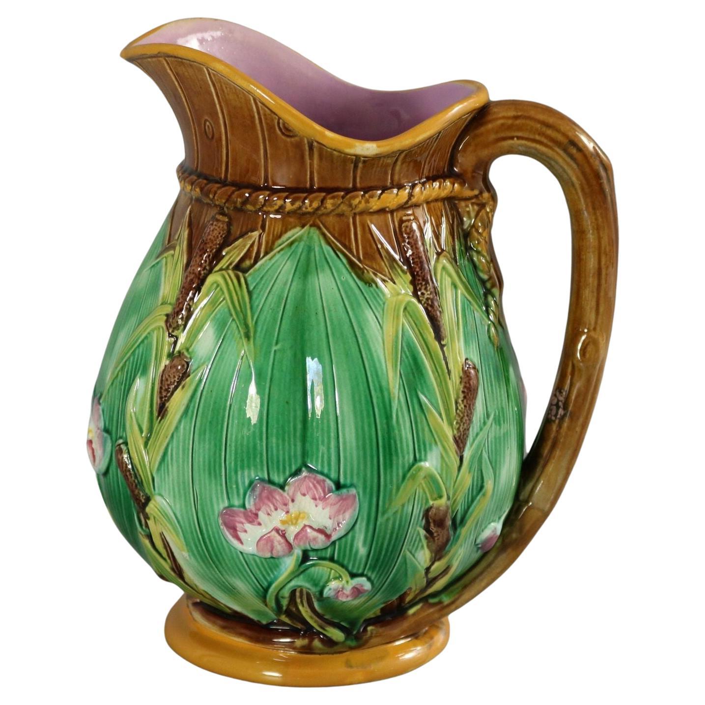 George Jones Majolica Bulrush and Lily Jug/Pitcher For Sale