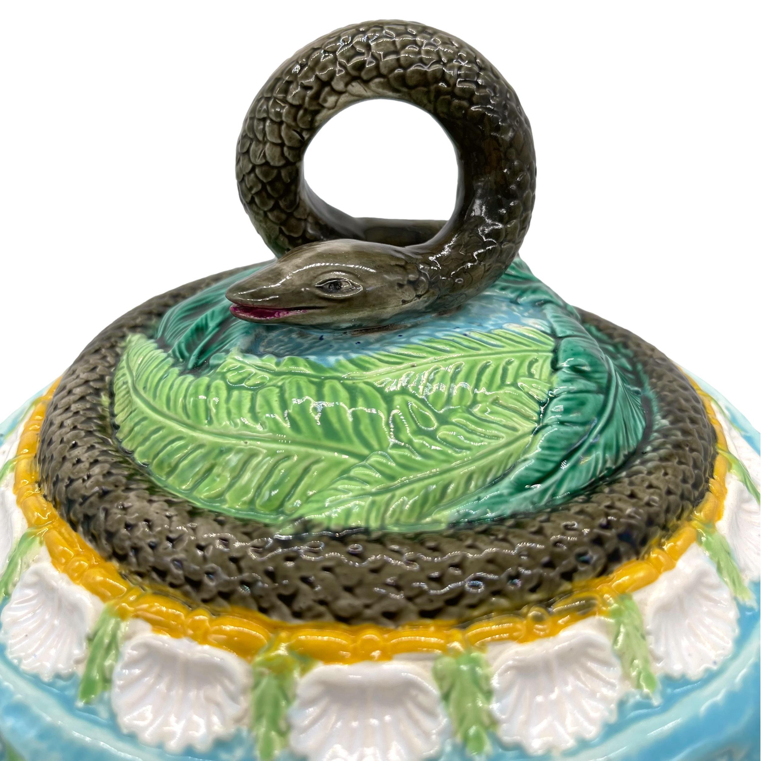 George Jones Majolica Cheese-Keeper and Stand with Coiled Snake Finial, ca. 1870 6