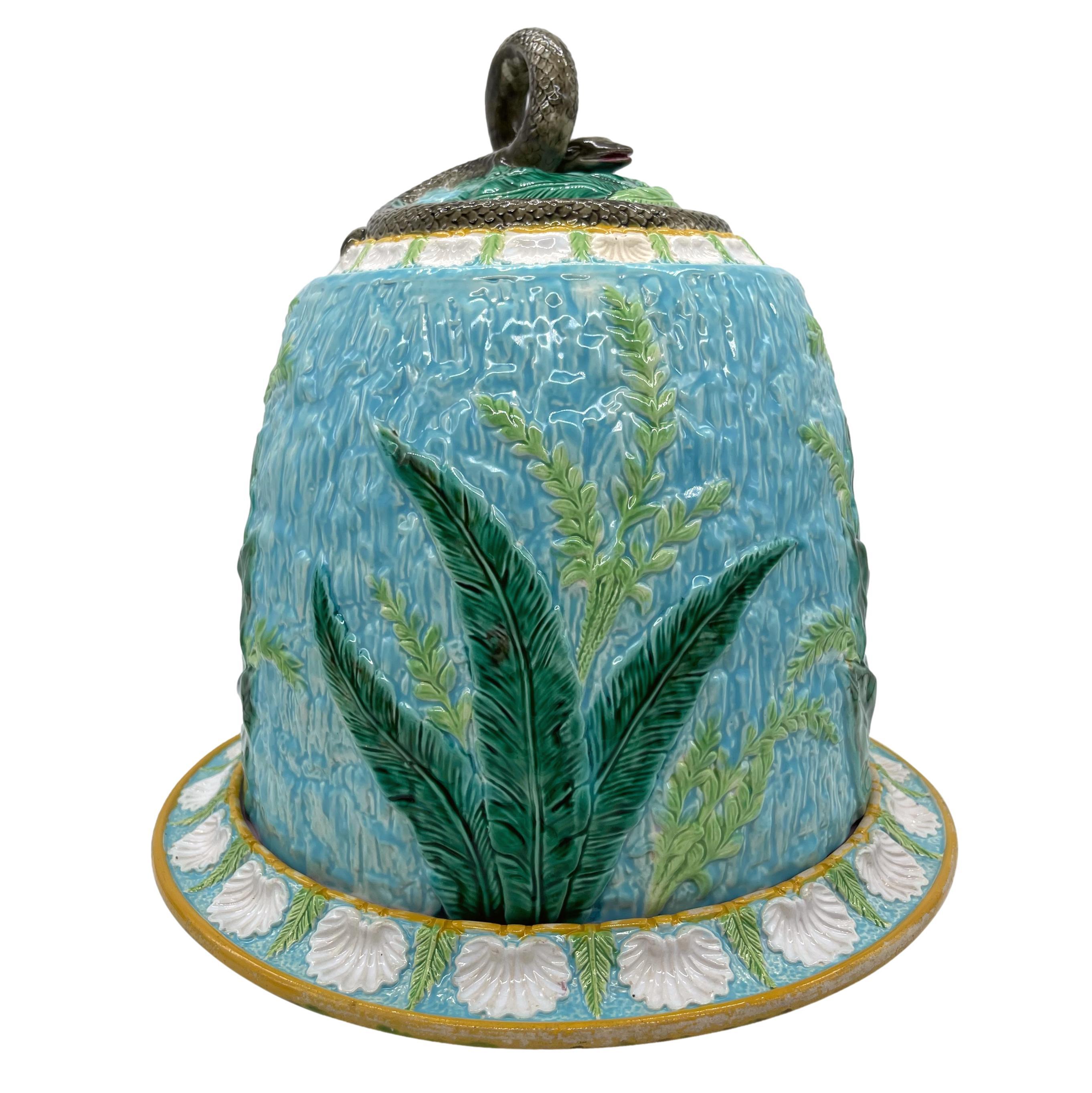 Molded George Jones Majolica Cheese-Keeper and Stand with Coiled Snake Finial, ca. 1870
