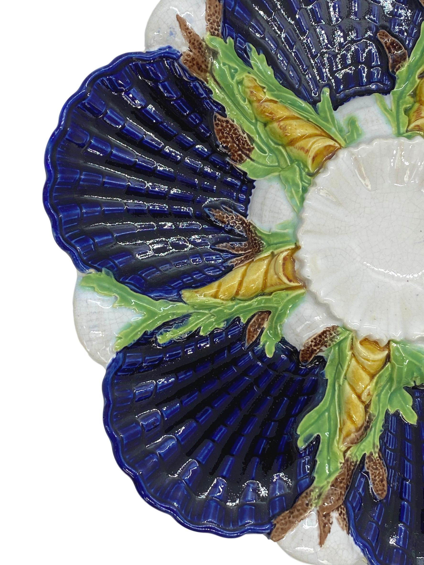 George Jones Majolica Cobalt Blue Oyster Plate, English, Dated 1878 In Good Condition In Banner Elk, NC