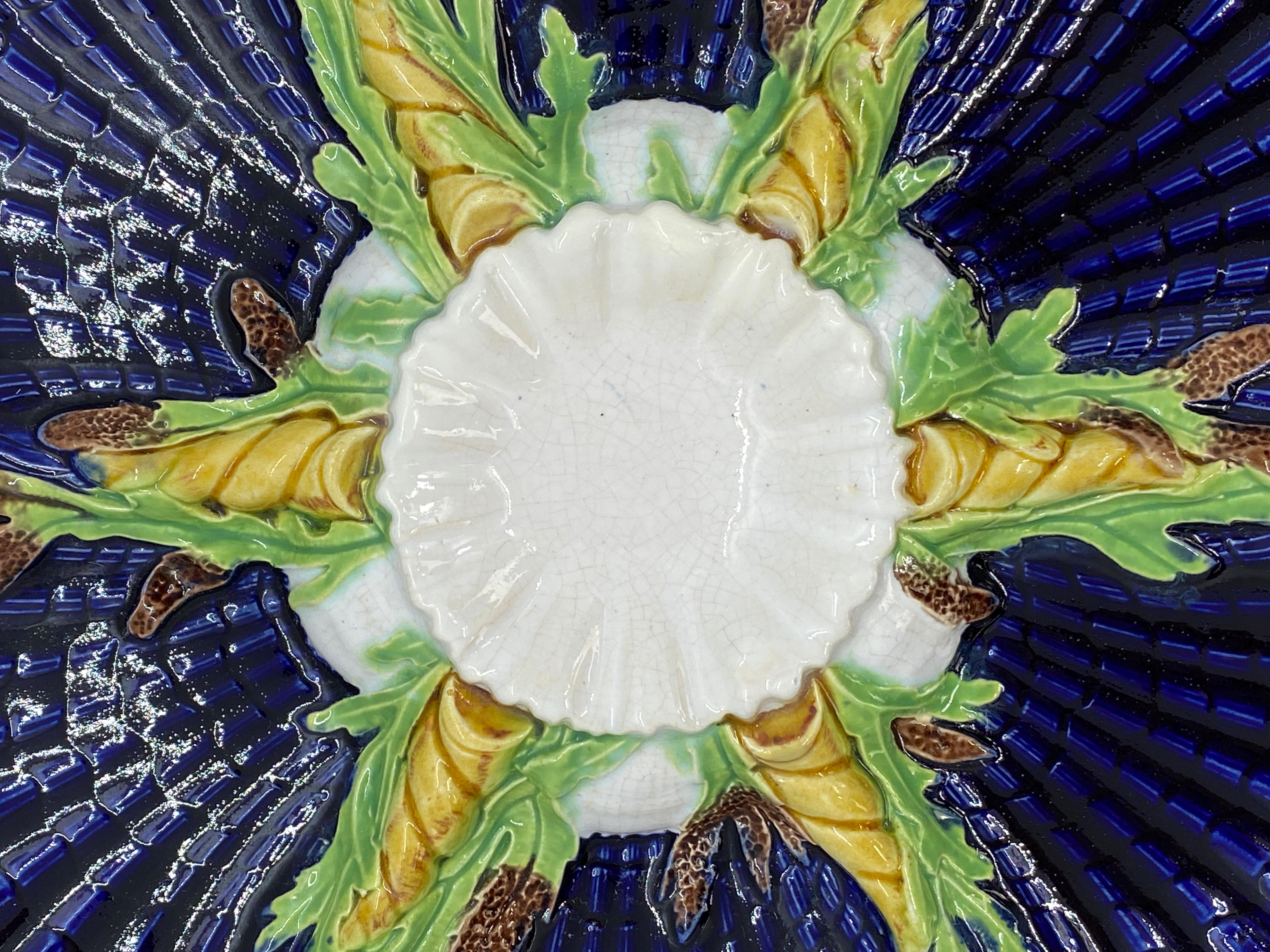 George Jones Majolica Cobalt Blue Oyster Plate, English, Dated 1878 1