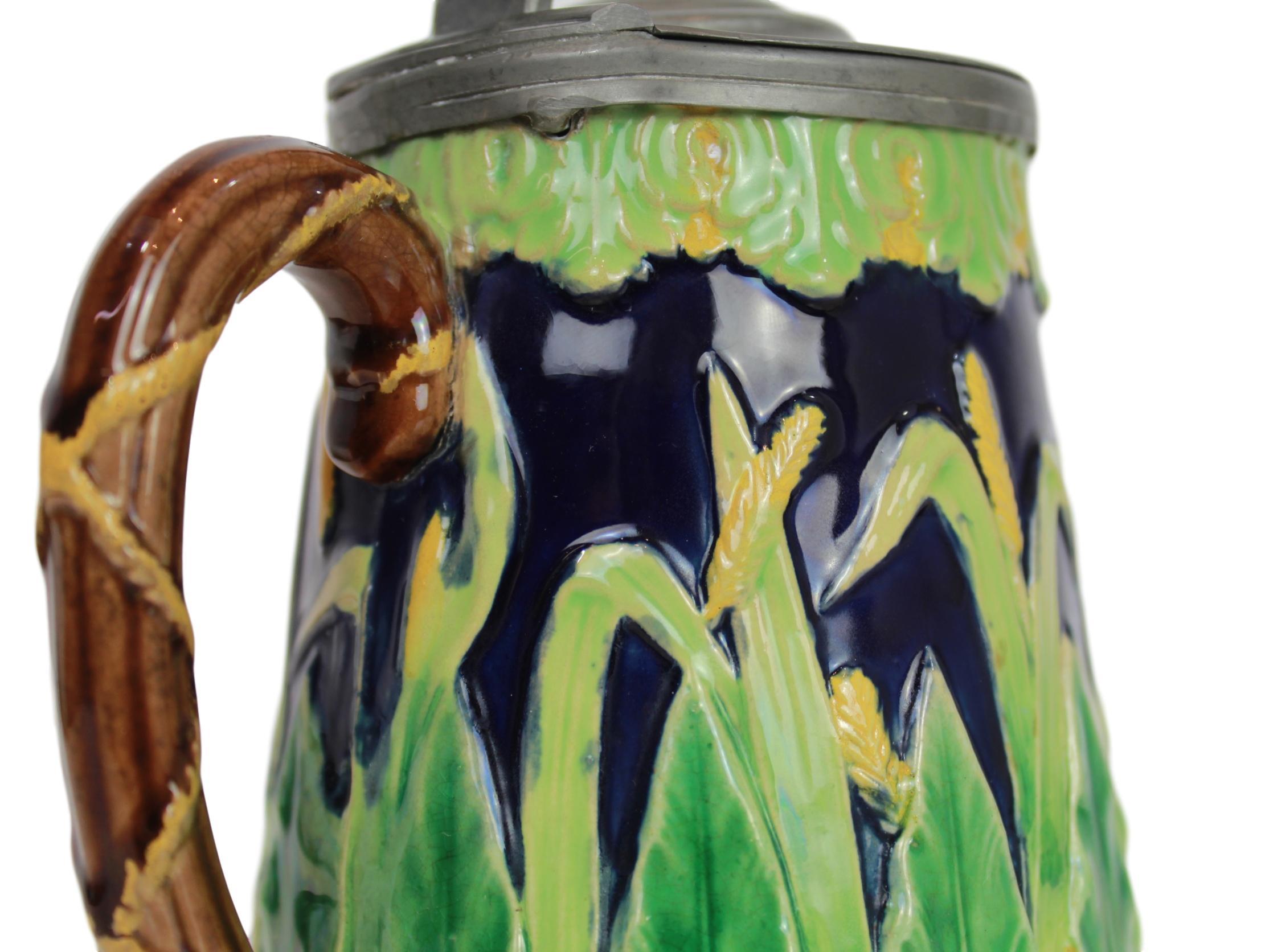 George Jones Majolica Cobalt Blue Wheat Pitcher with Pewter Lid, English 6