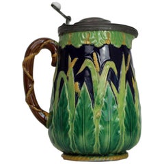 George Jones Majolica Cobalt Blue Wheat Pitcher with Pewter Lid, English