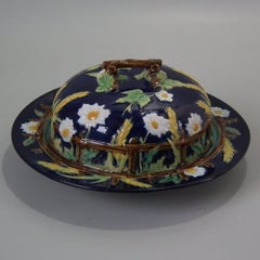 George Jones Majolica Cobalt Muffin Dish and Cover