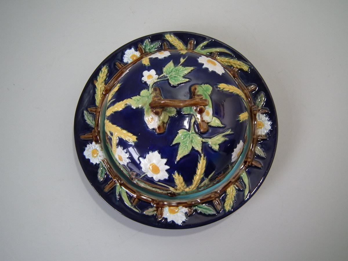 Victorian George Jones Majolica Cobalt Muffin Dish and Cover