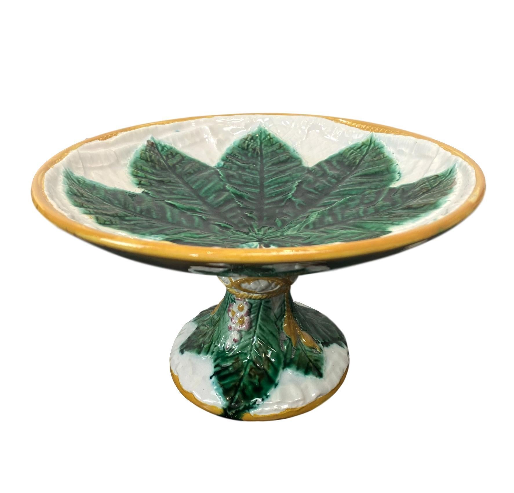 George Jones Majolica Comport, Horse Chestnut Leaf on Napkin, English 5