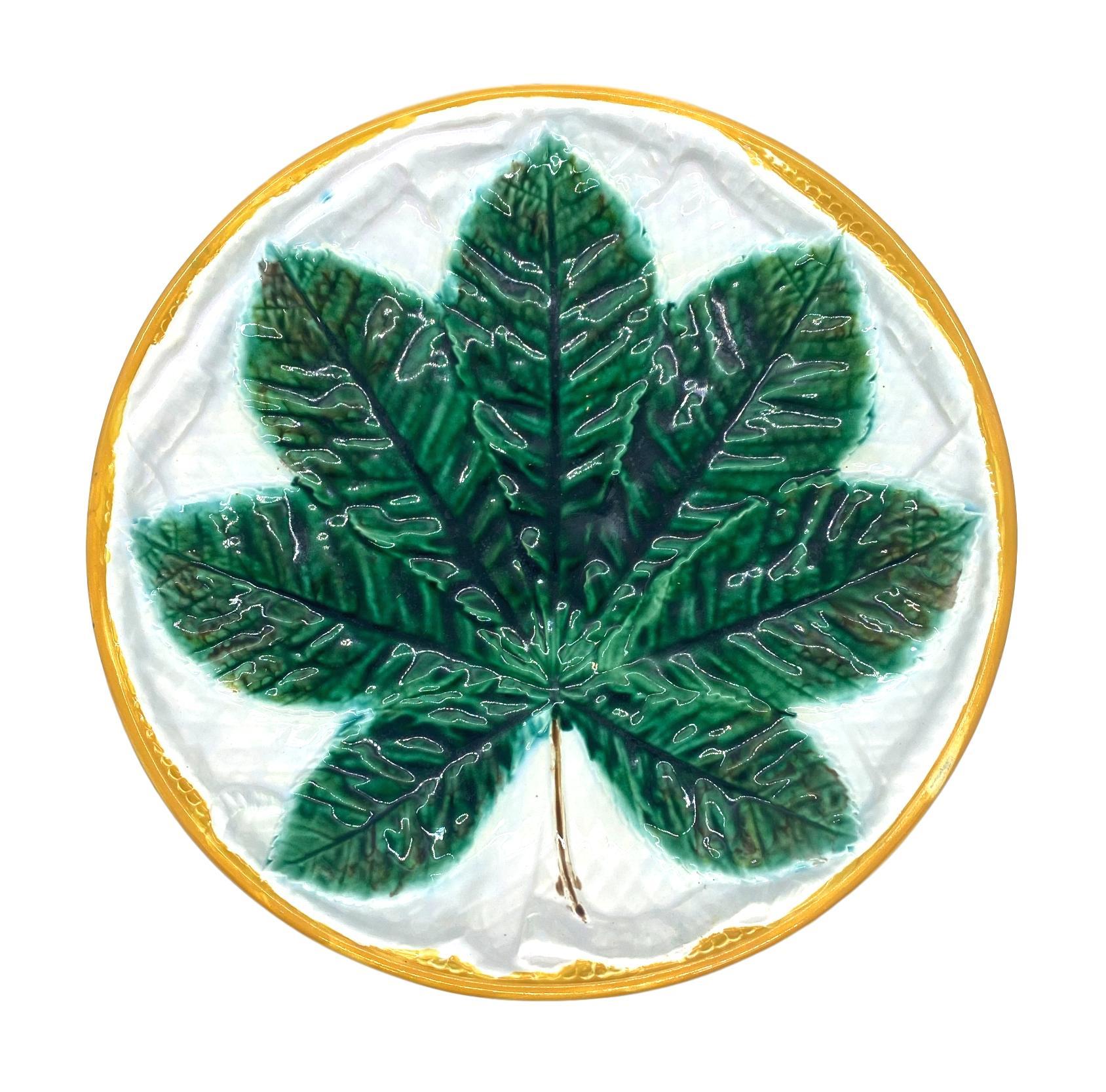 Molded George Jones Majolica Comport, Horse Chestnut Leaf on Napkin, English