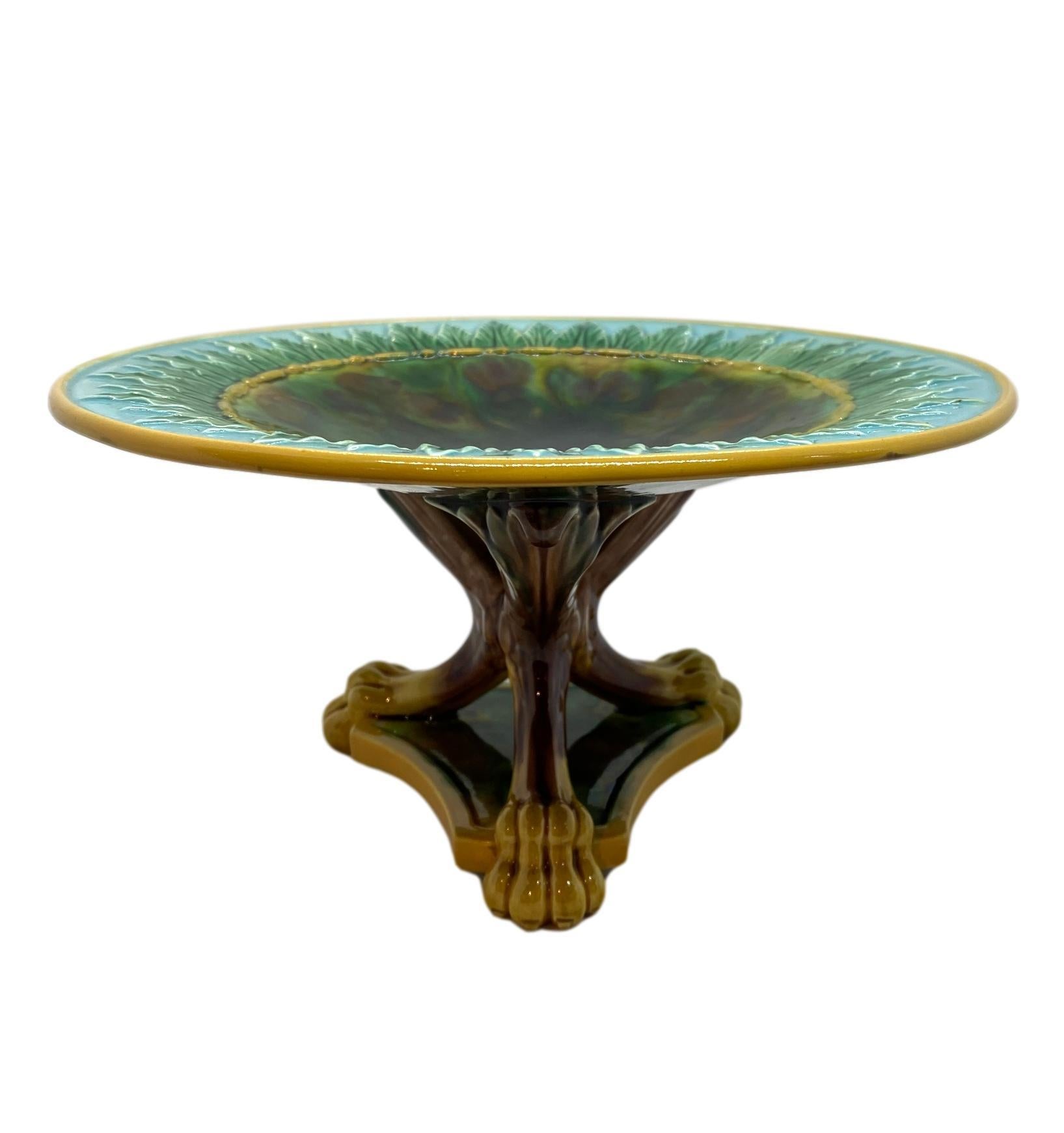 Victorian George Jones Majolica Compote, Mottled Center, Green Leaves on Turquoise, 1870