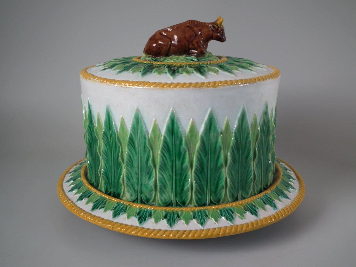 Late 19th Century George Jones Majolica Cow Cheese Dome and Stand