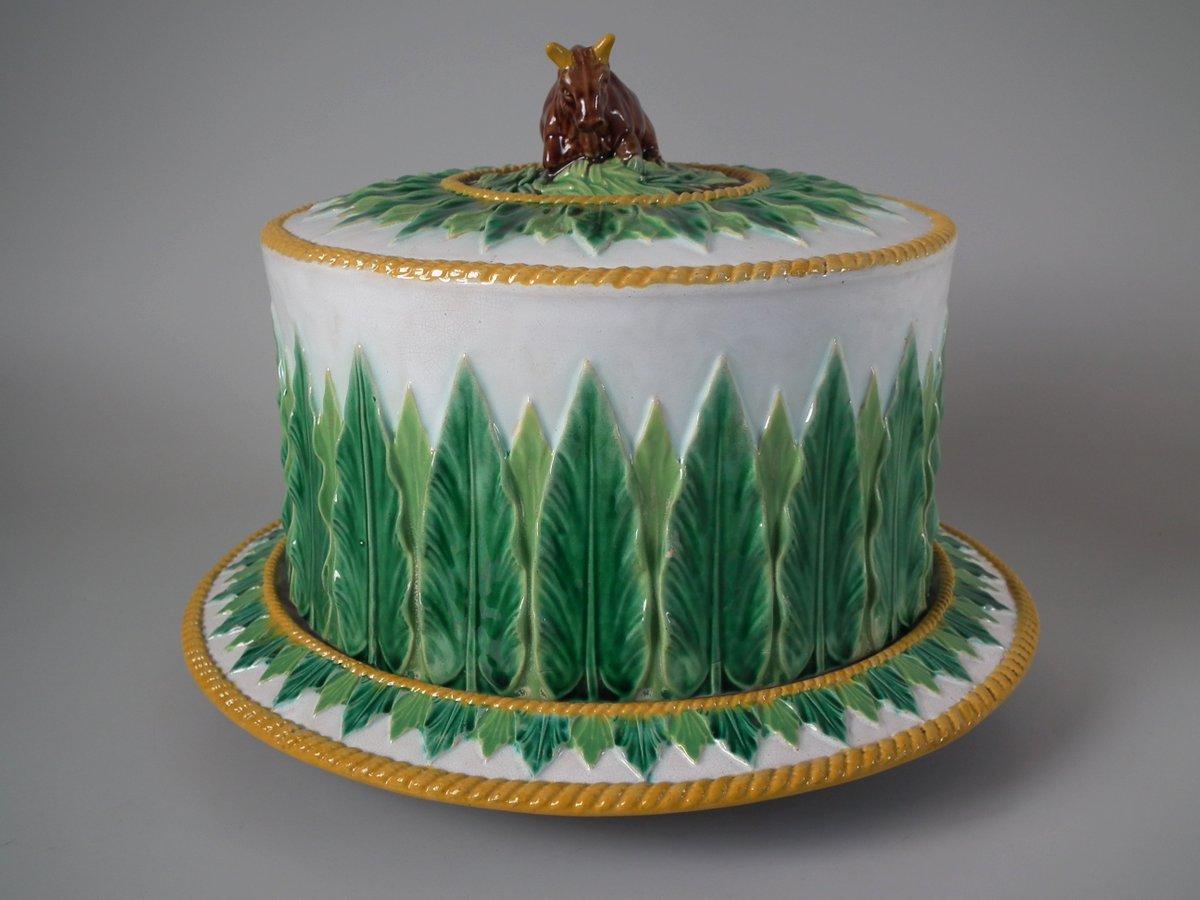 George Jones Majolica Cow Cheese Dome and Stand 1