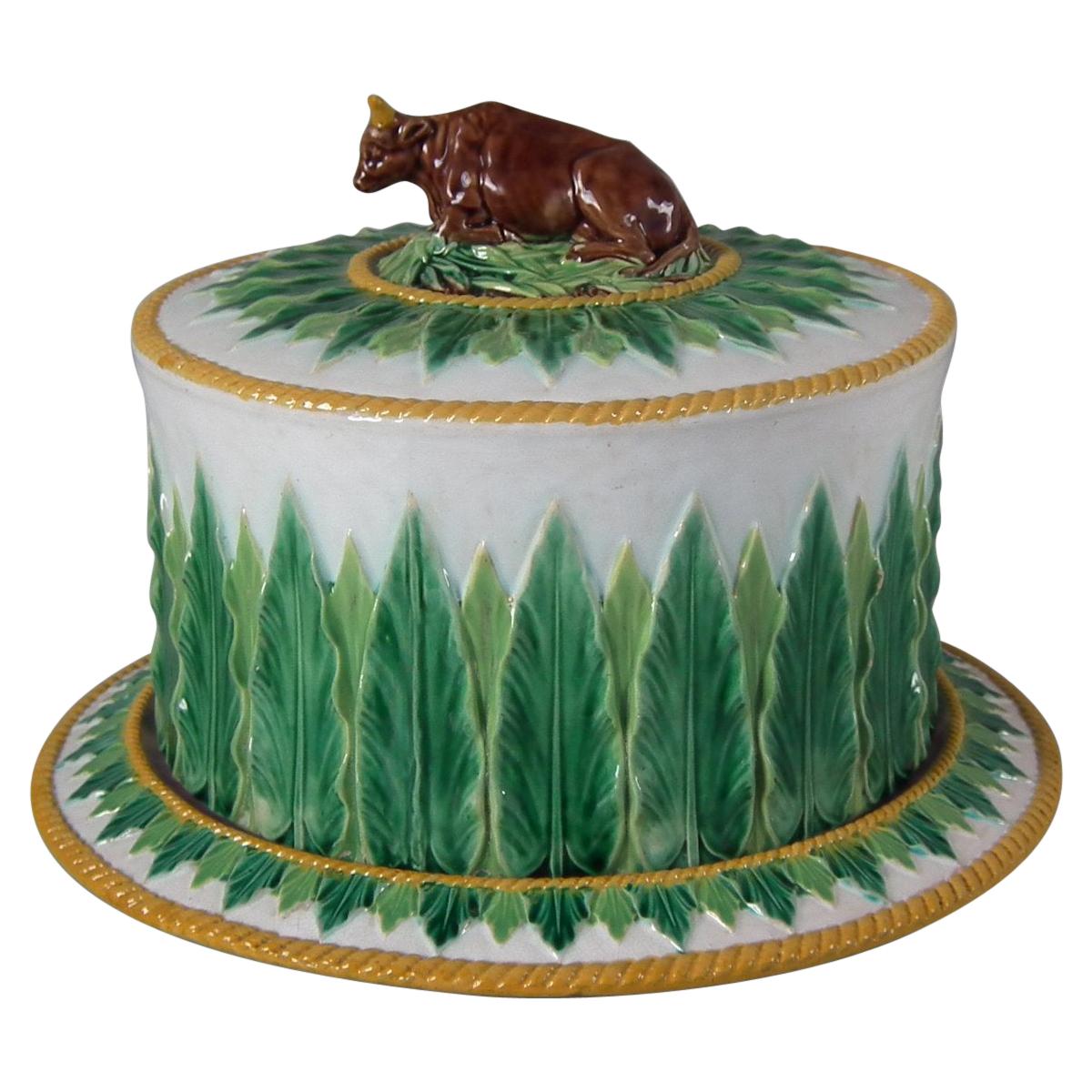 George Jones Majolica Cow Cheese Dome and Stand