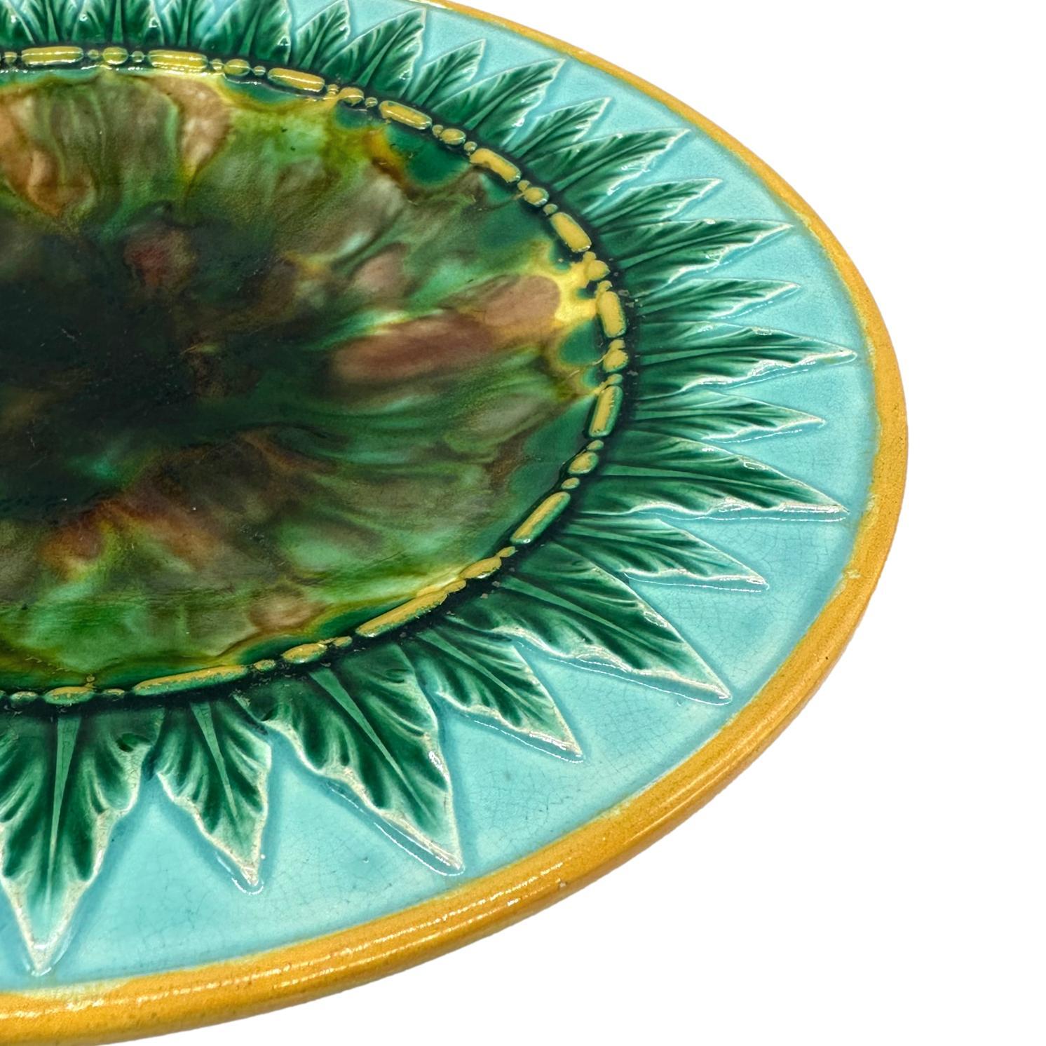 Victorian George Jones Majolica Dish, Tortoiseshell Mottling, Green Leaves on Turquoise For Sale