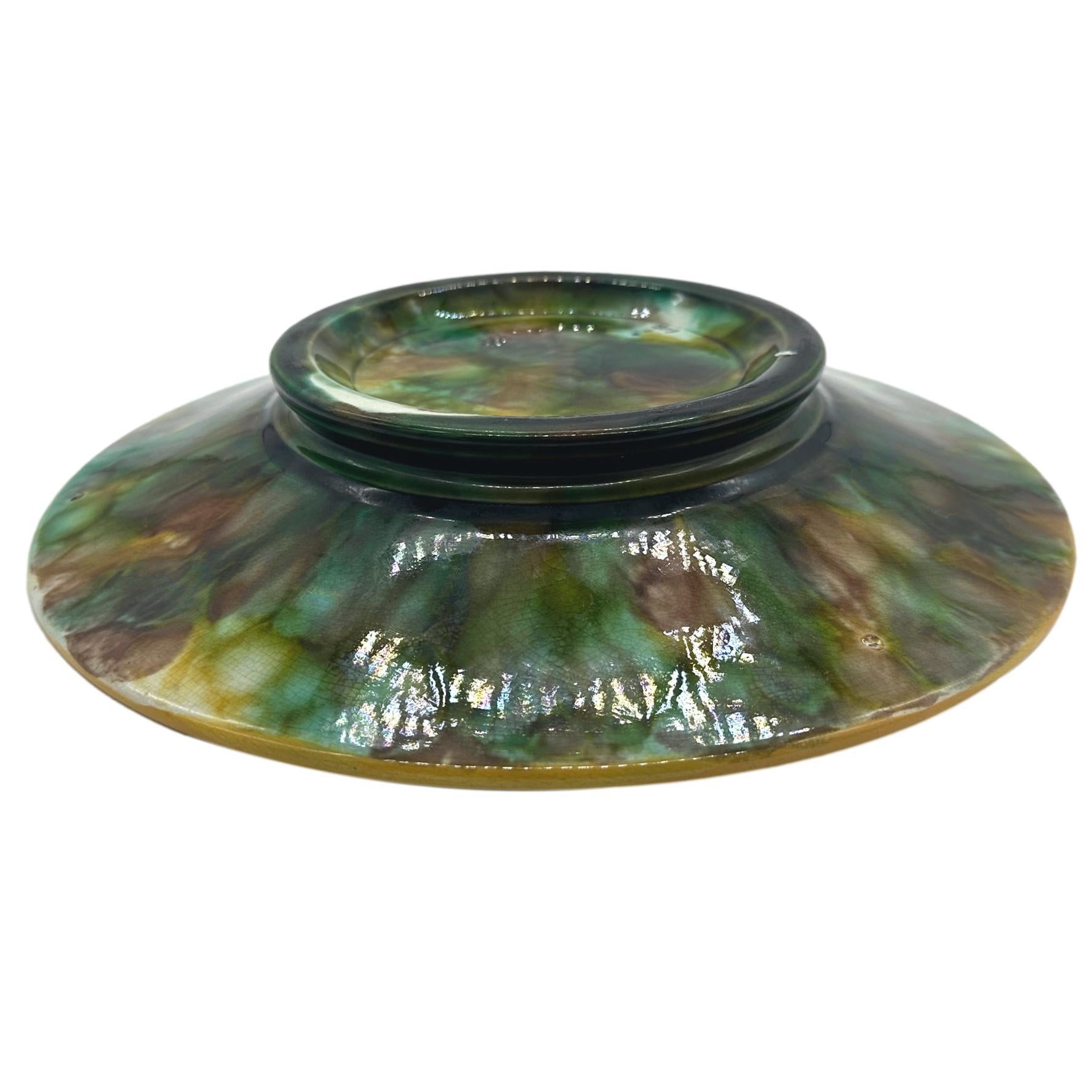 Molded George Jones Majolica Dish, Tortoiseshell Mottling, Green Leaves on Turquoise For Sale