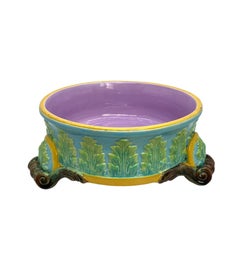 George Jones Majolica Dog Bowl, Glazed in Turquoise, Pink Interior, Dated 1884